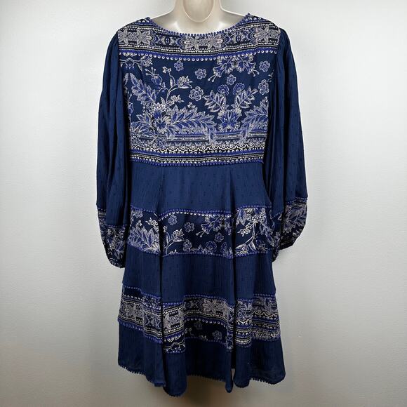 Free People My Love Mini Dress Long Sleeve Swing Pom Pom Paisley Blue Med Boho - Picture 9 of 16